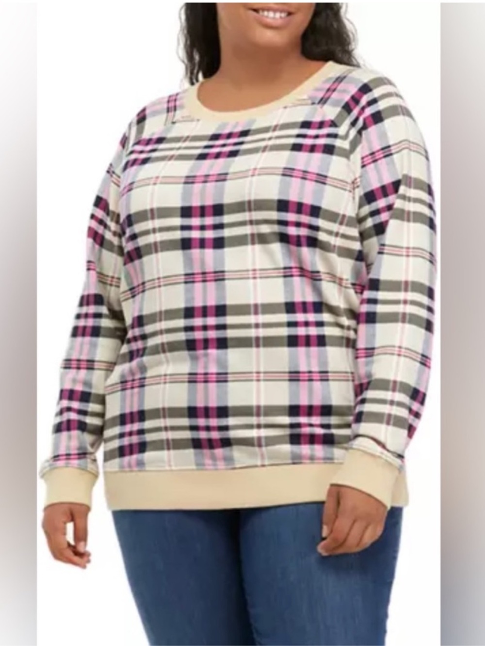 crown & ivy Women’s Tan Navy Blue Pink Plaid Bow Back Sweatshirt Size 3X - Picture 1 of 9